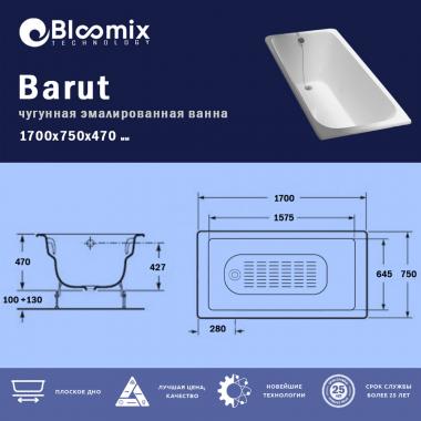 Ванна чугунная Bloomix Barut 170x75 BLB177547-H-ANS с ручками и антискользящим покрытием