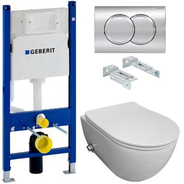 Инсталляция Geberit 458.149.21.1 + кнопка смыва Delta01 115.107.21.1 + унитаз Bloomix Diva MD1211SB/UF3 безободковый с функцией биде и смесителем